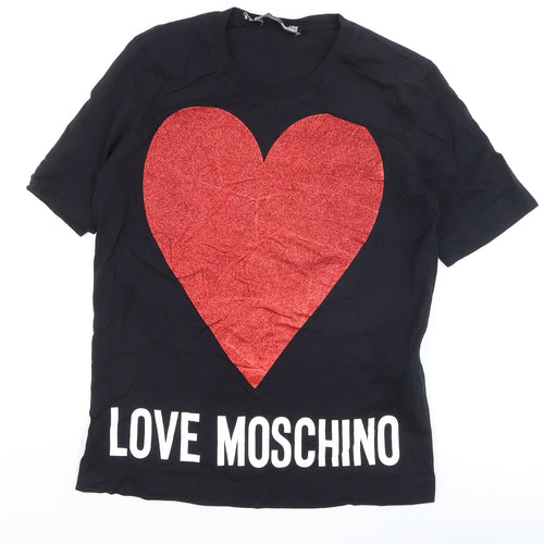 Love Moschino Women's Black Red Heart Glitter T-Shirt Size 10