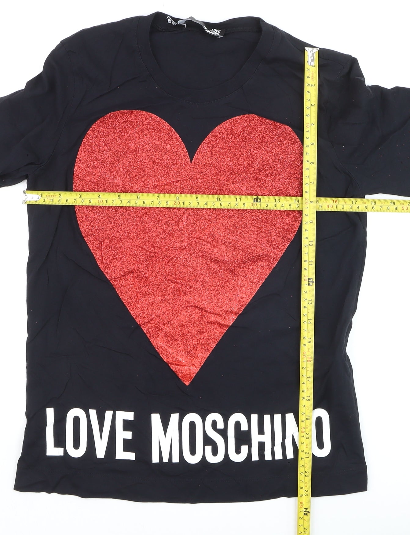 Love Moschino Women's Black Red Heart Glitter T-Shirt Size 10