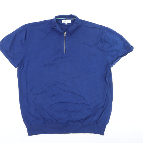 Next Men's Blue XL 1/4 Zip Cotton Polo Shirt