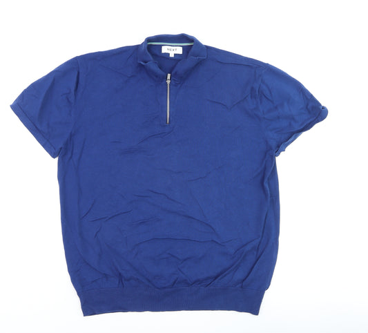 Next Men's Blue XL 1/4 Zip Cotton Polo Shirt