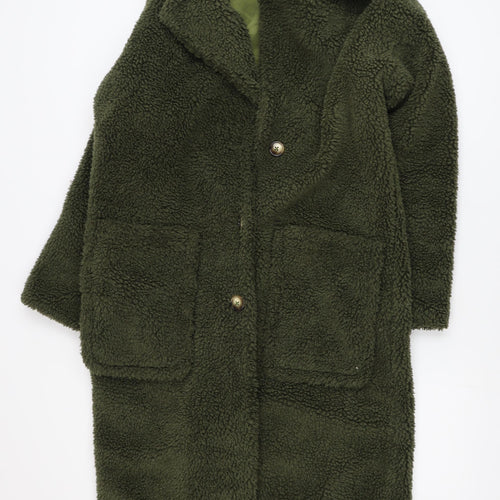 Gini London Women's Green Long Teddy Fleece Overcoat Size S