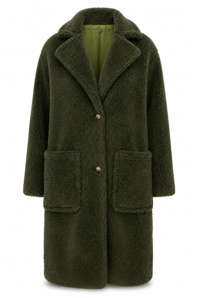 Gini London Women's Green Long Teddy Fleece Overcoat Size S