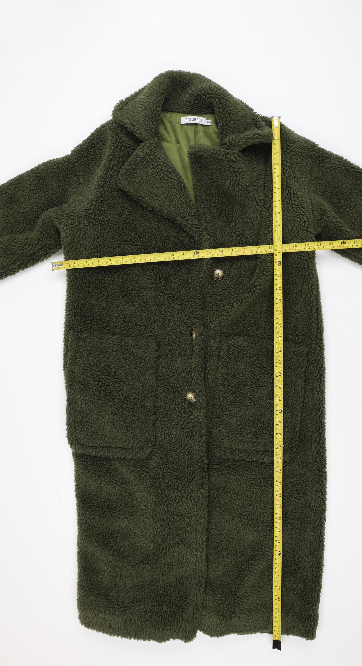 Gini London Women's Green Long Teddy Fleece Overcoat Size S