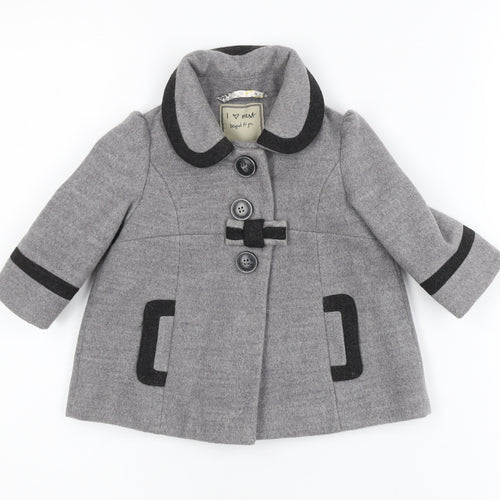 Next Girls Grey Mid-Length Bow Trim Wool Look Coat 2XS 3-6 Months
