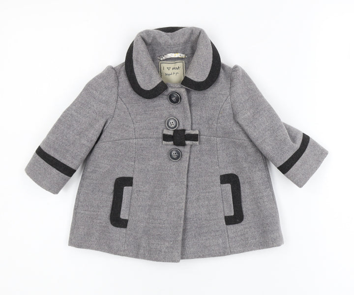 Next Girls Grey Mid-Length Bow Trim Wool Look Coat 2XS 3-6 Months