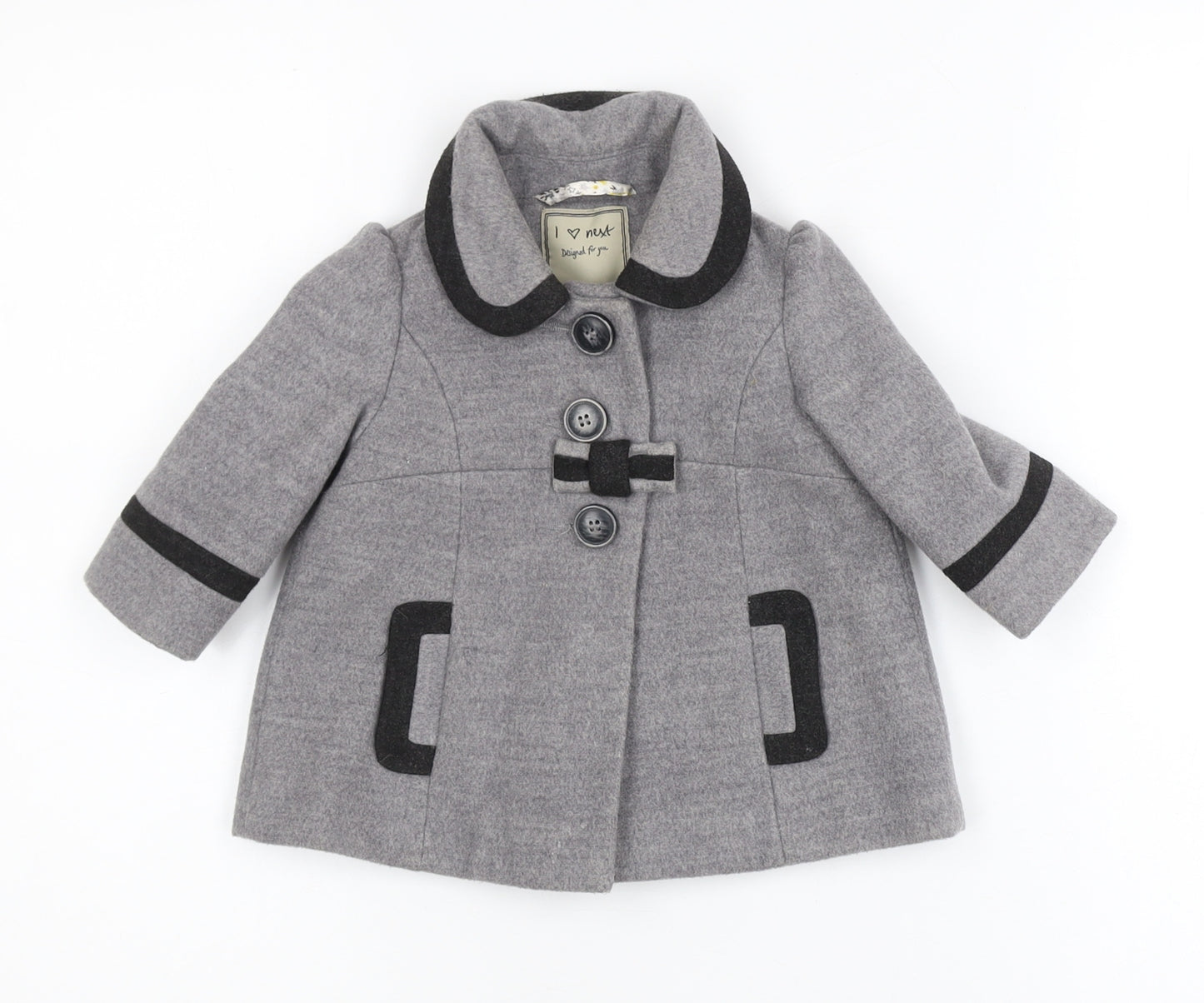 Next Girls Grey Mid-Length Bow Trim Wool Look Coat 2XS 3-6 Months