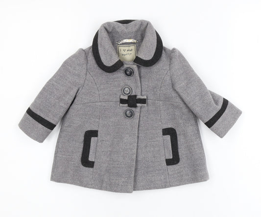 Next Girls Grey Mid-Length Bow Trim Wool Look Coat 2XS 3-6 Months