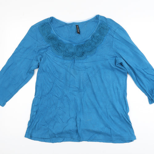 Marks and Spencer Women's Blue Crochet Neck 3/4 Sleeve Cotton Tunic Blouse UK 18