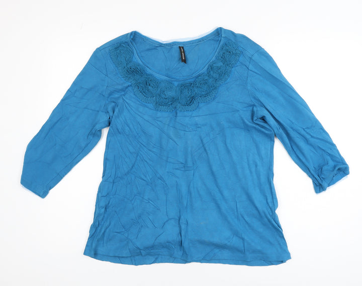 Marks and Spencer Women's Blue Crochet Neck 3/4 Sleeve Cotton Tunic Blouse UK 18
