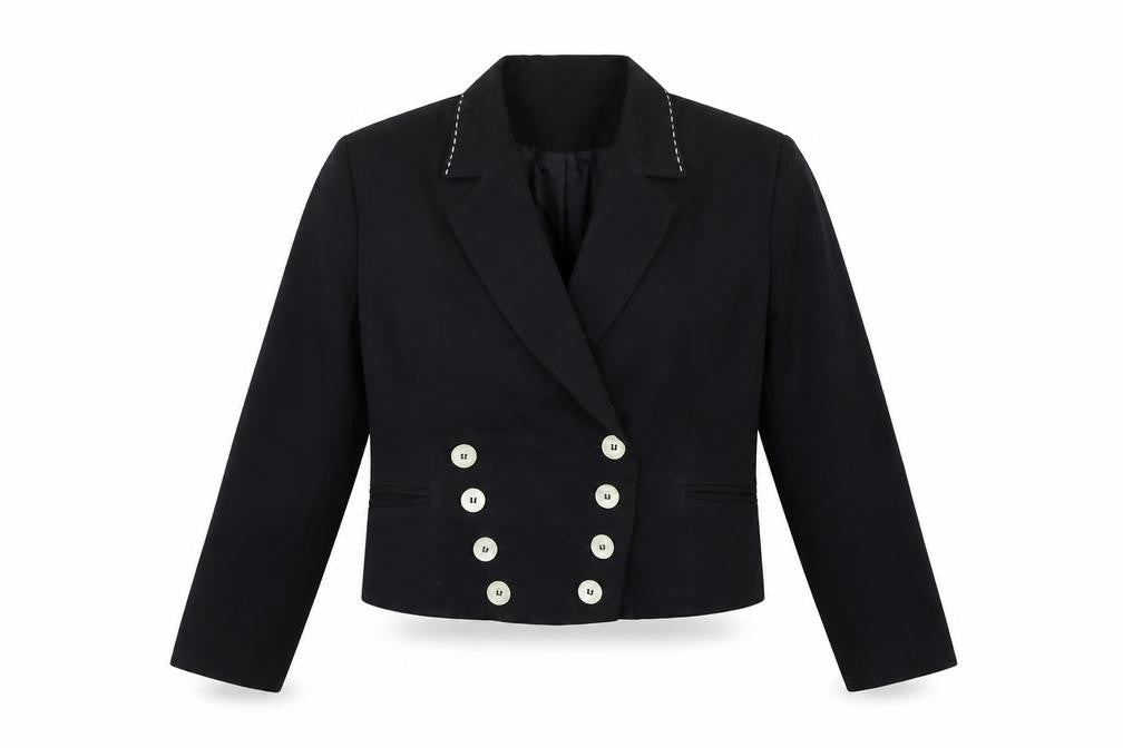 Front view of Body-Best London Women's Black Double-Breasted Blazer, size 14