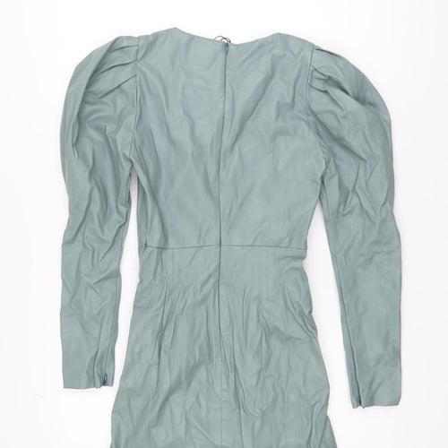 ZARA Women Green XS Bodycon Puff Sleeve Ruched Short Dress