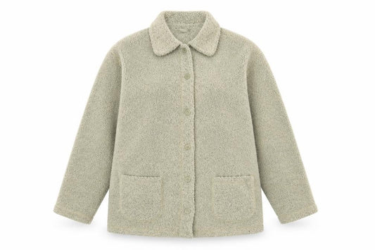Front view of EWM women’s beige fleece mid-length button jacket, size UK 14