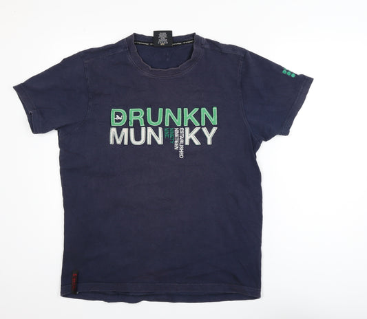 Drunknmunky Men's Navy Blue Crew Neck Cotton Graphic T-Shirt - Large