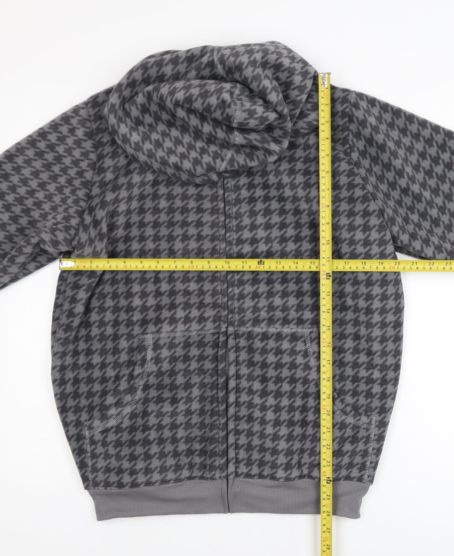 Cotton Traders Men's Grey Houndstooth Fleece Hooded Jacket Size M