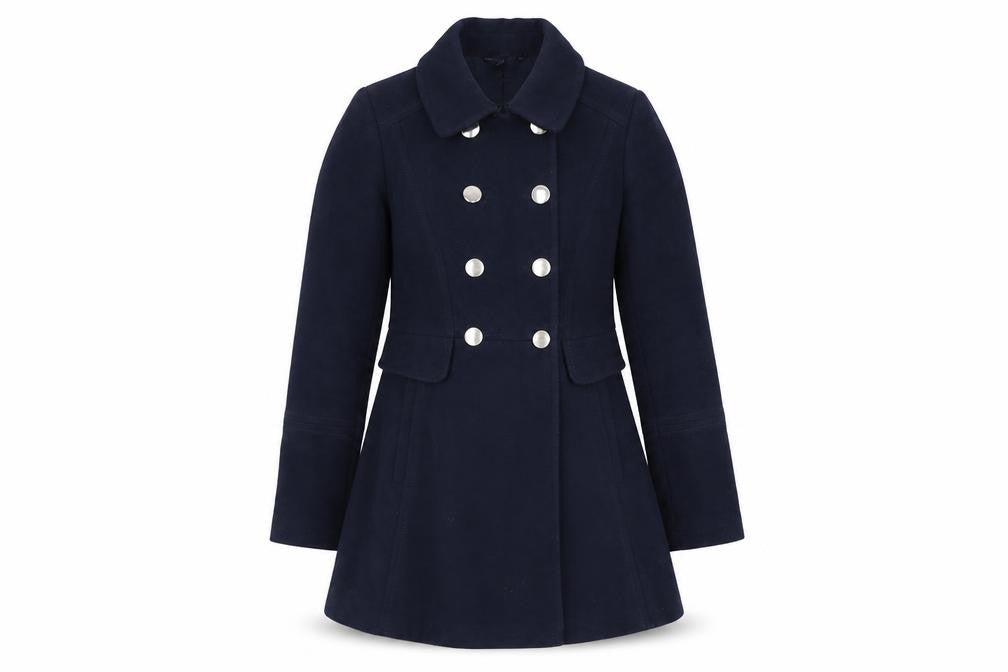 Front view of Dorothy Perkins girls’ blue double-breasted pea coat, size 6