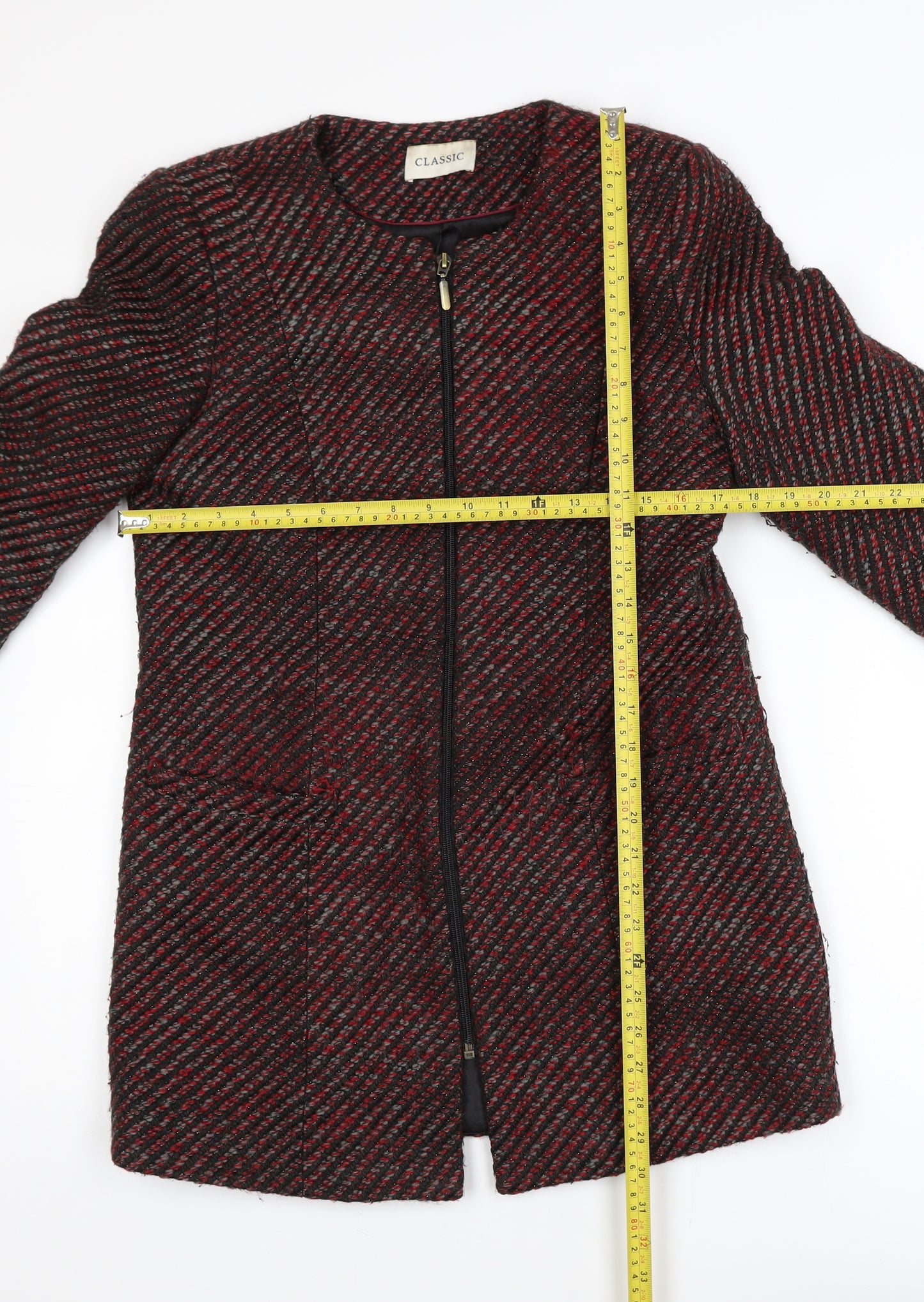 Marks and Spencer Women Red Check Tweed Full Zip Mid-Length Coat Size 8