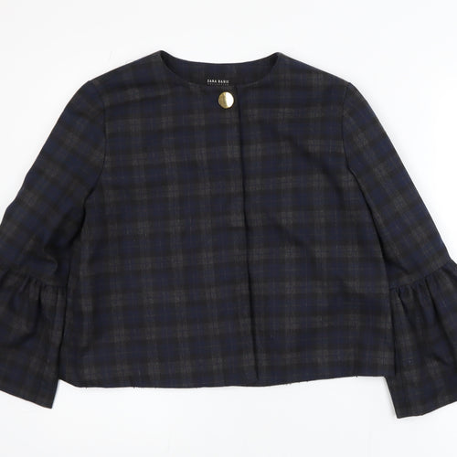 Zara Women Blue Check Short Blazer Size S Classic Button Jacket
