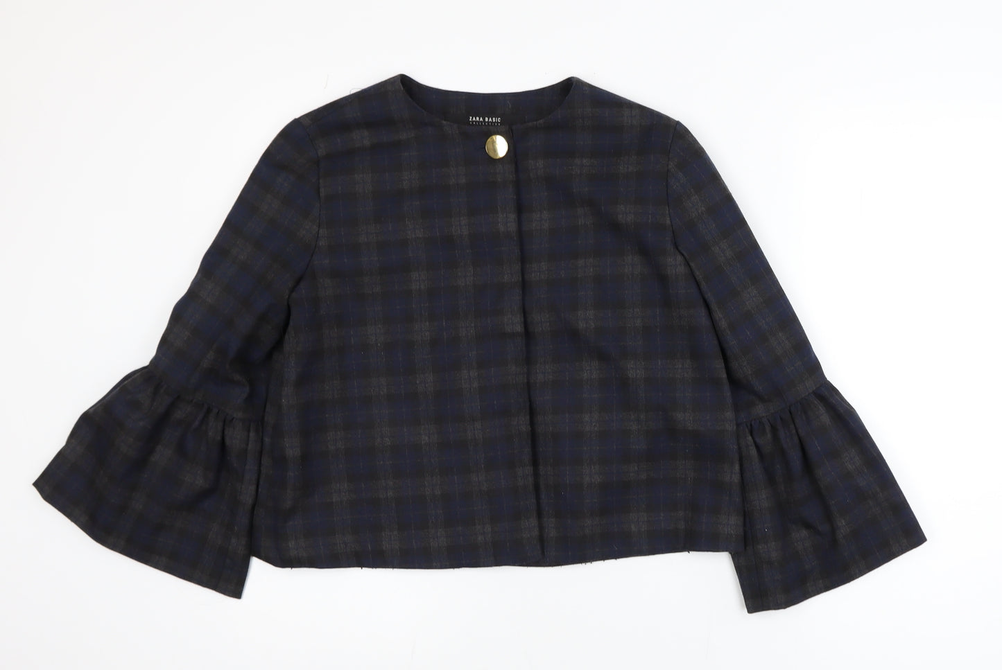 Zara Women Blue Check Short Blazer Size S Classic Button Jacket