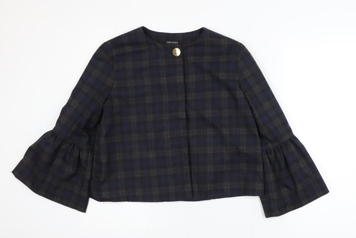 Zara Women Blue Check Short Blazer Size S Classic Button Jacket