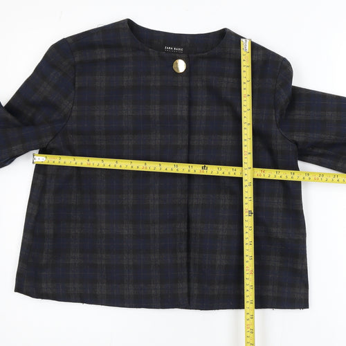 Zara Women Blue Check Short Blazer Size S Classic Button Jacket