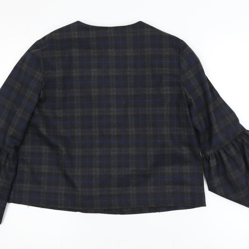 Zara Women Blue Check Short Blazer Size S Classic Button Jacket