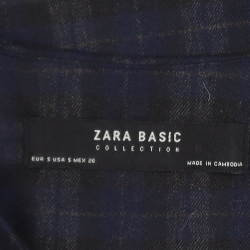 Zara Women Blue Check Short Blazer Size S Classic Button Jacket