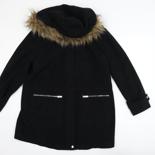 New Look Maternity Black Faux Fur Hooded Mid-Length Coat UK 12