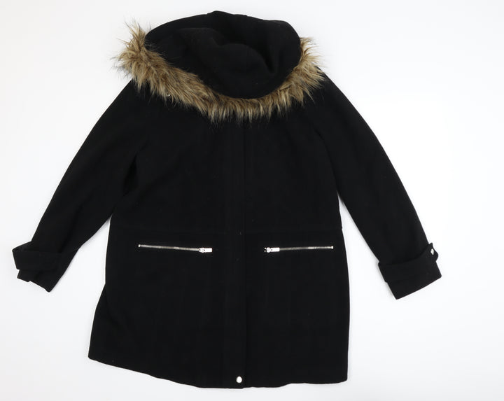 New Look Maternity Black Faux Fur Hooded Mid-Length Coat UK 12