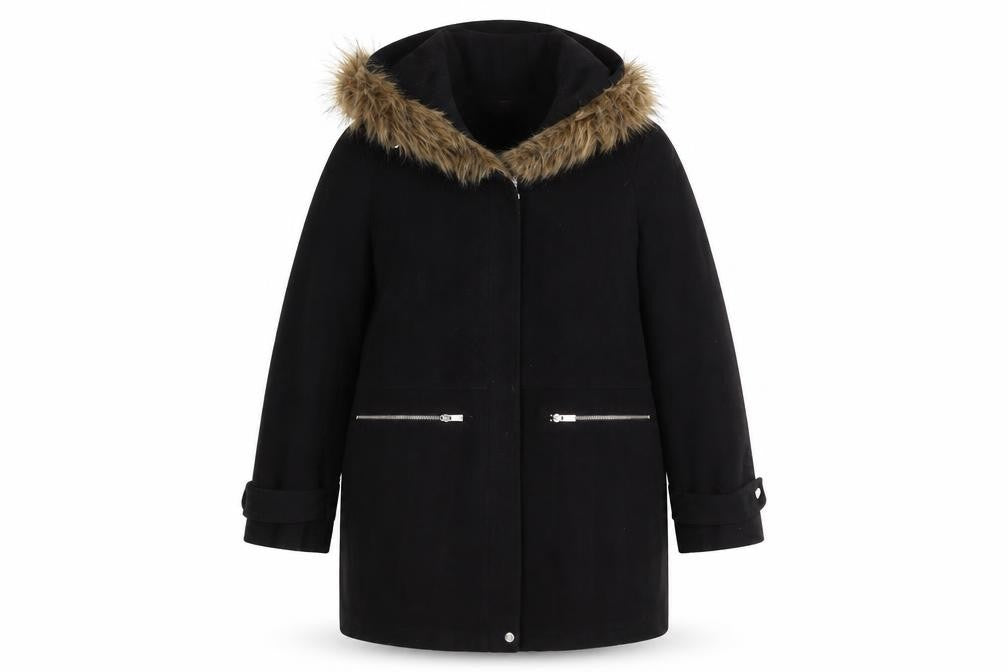 New Look Maternity Black Faux Fur Hooded Mid-Length Coat UK 12