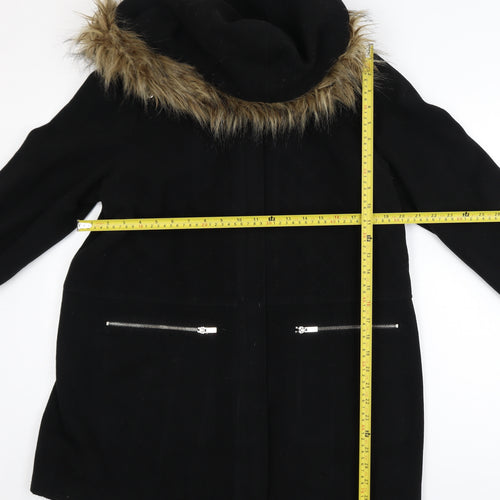 New Look Maternity Black Faux Fur Hooded Mid-Length Coat UK 12