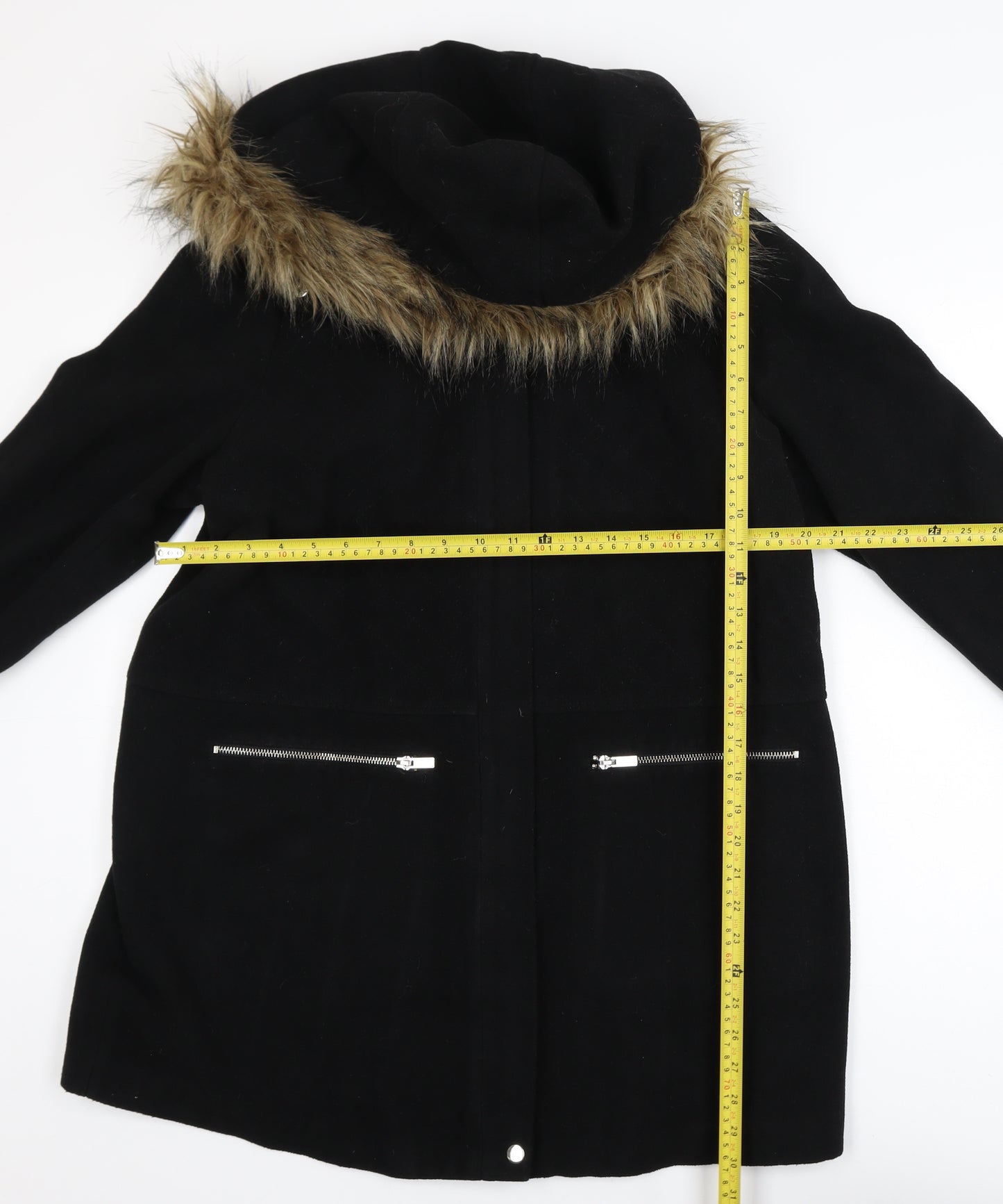 New Look Maternity Black Faux Fur Hooded Mid-Length Coat UK 12