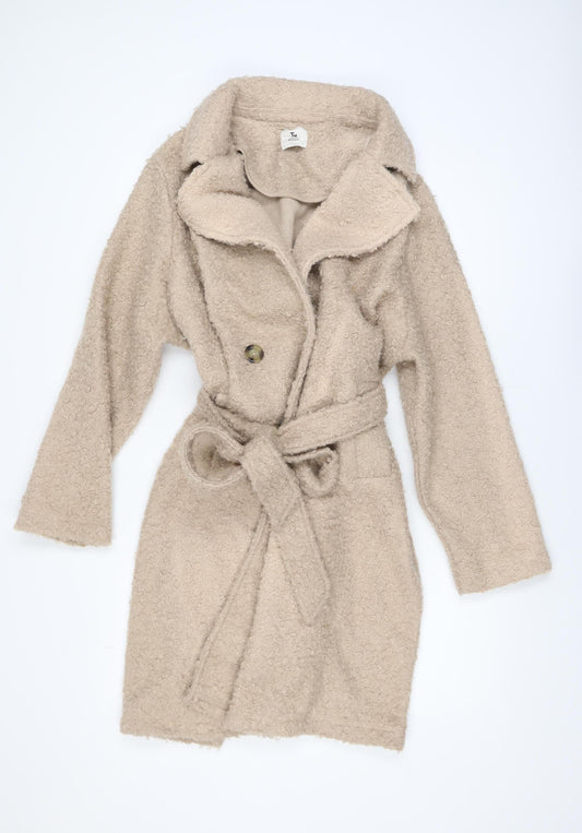 Tu Women Beige Belted Boucle Mid-Length Coat L