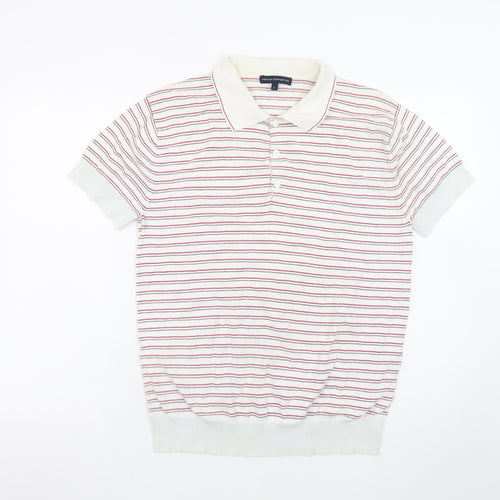 French Connection Men's White Striped Cotton Polo Shirt L