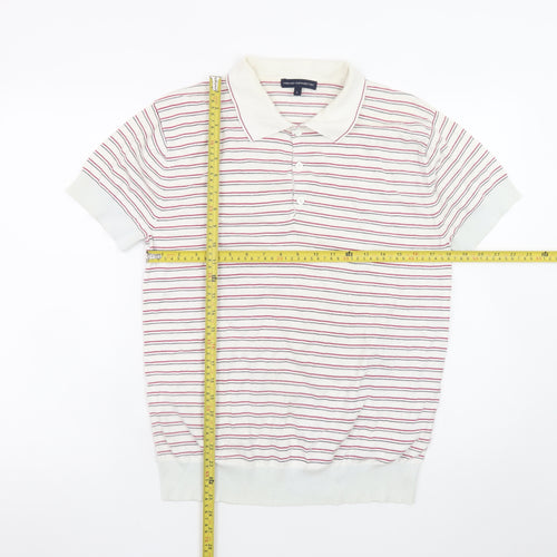 French Connection Men's White Striped Cotton Polo Shirt L