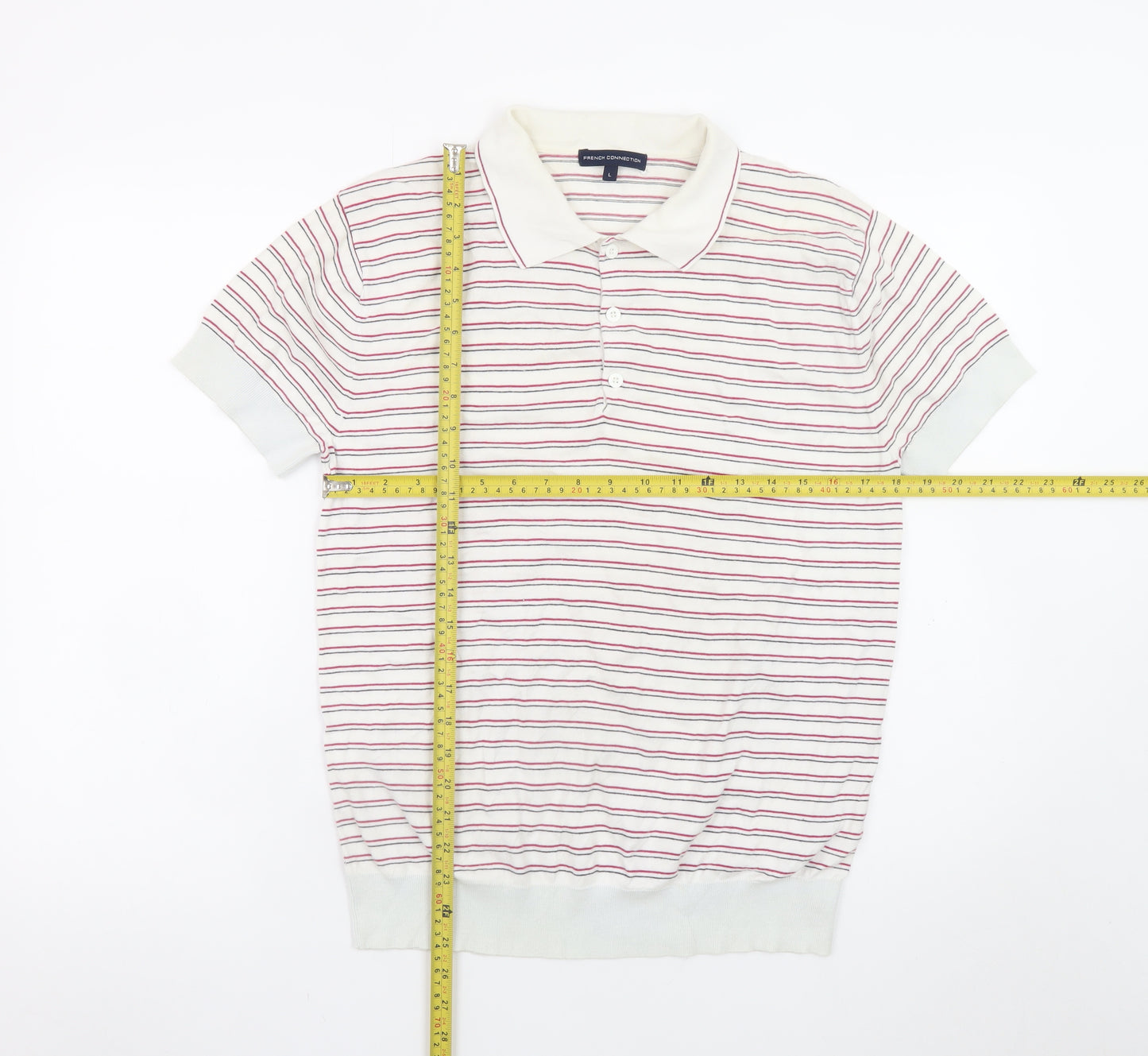 French Connection Men's White Striped Cotton Polo Shirt L