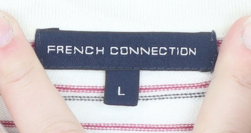 French Connection Men's White Striped Cotton Polo Shirt L
