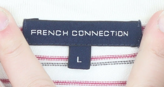 French Connection Men's White Striped Cotton Polo Shirt L