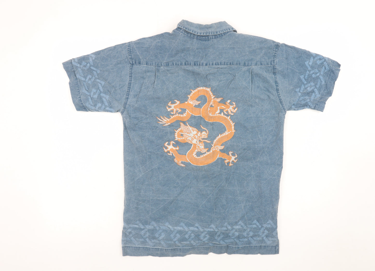 Arizona Jean Co. Men's Blue Dragon Print Short Sleeve Button-Up Shirt M