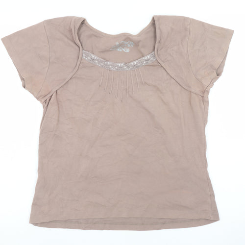 M&Co Women’s Brown XL Cotton Lace Trim Short Sleeve T-Shirt