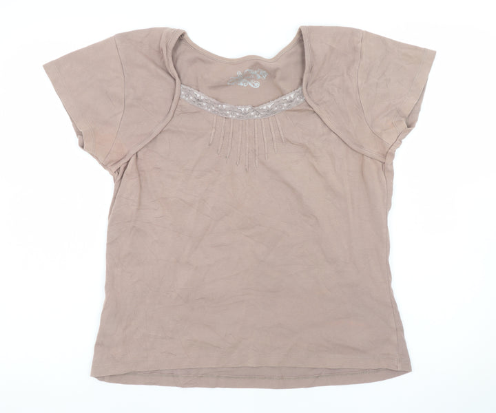 M&Co Women’s Brown XL Cotton Lace Trim Short Sleeve T-Shirt