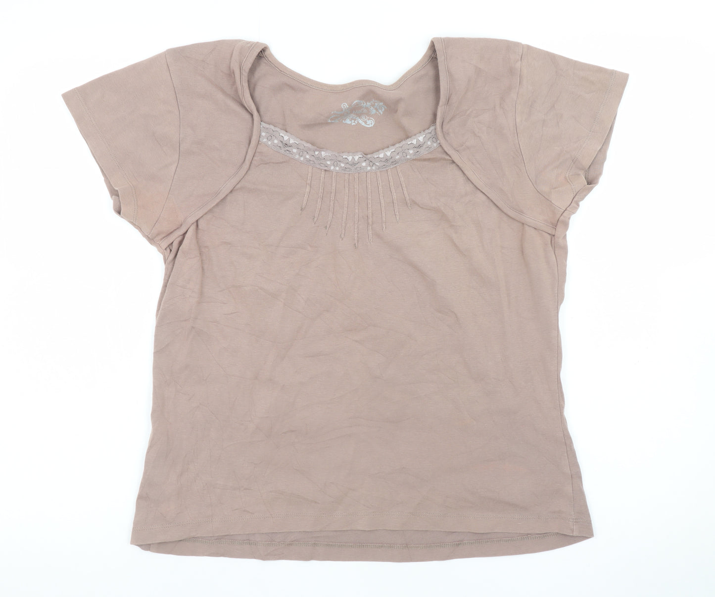 M&Co Women’s Brown XL Cotton Lace Trim Short Sleeve T-Shirt