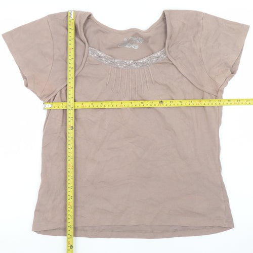 M&Co Women’s Brown XL Cotton Lace Trim Short Sleeve T-Shirt