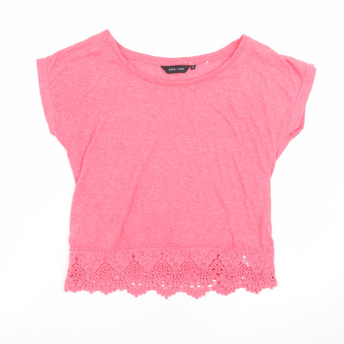 New Look Women Pink Cropped Lace Hem T-Shirt Size 10