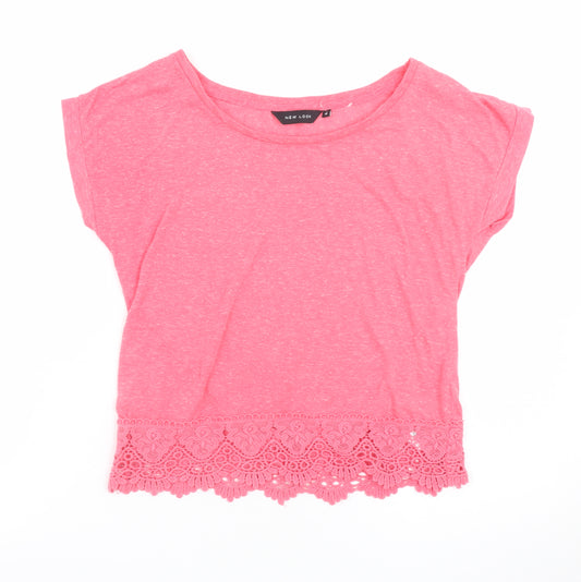 New Look Women Pink Cropped Lace Hem T-Shirt Size 10