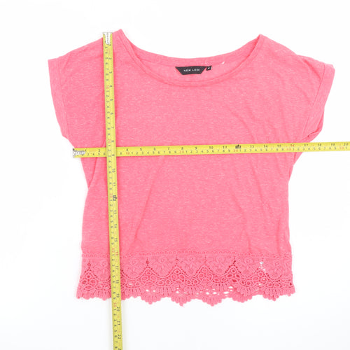 New Look Women Pink Cropped Lace Hem T-Shirt Size 10