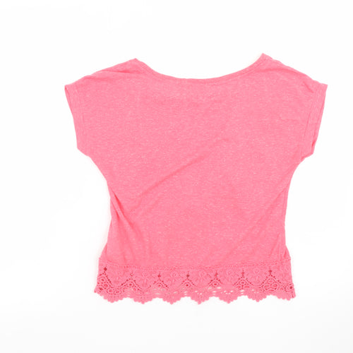 New Look Women Pink Cropped Lace Hem T-Shirt Size 10