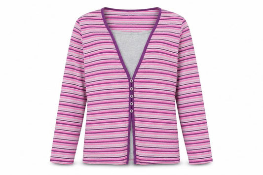 Front view of Bonmarché Women’s Multicoloured Striped V-Neck Long Sleeve Button-Up Top, size L