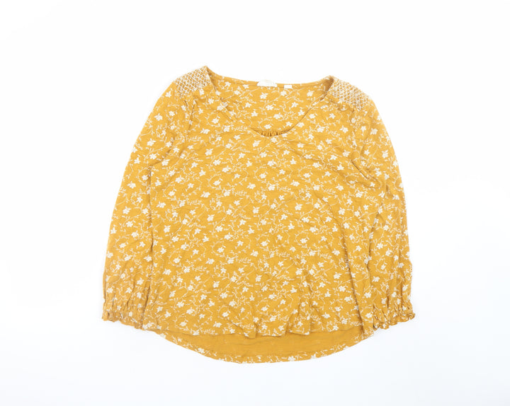 Fat Face Women Yellow Floral Long Sleeve Blouse UK 12 Cotton Modal