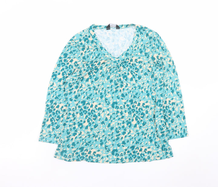 Emreco Women's Blue Animal Print V-Neck Long Sleeve Tunic Blouse Size 10