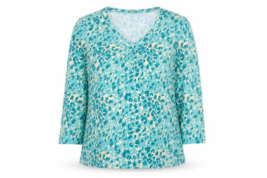 Front view of Emreco Women's Blue Animal Print V-Neck Long Sleeve Tunic Blouse, size 10